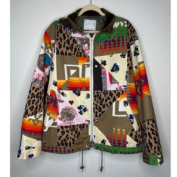 Sacai Tan Animal Mixed Print Patchwork Cotton Velvet Collar Zip Jacket 4 / XL - Picture 3 of 16